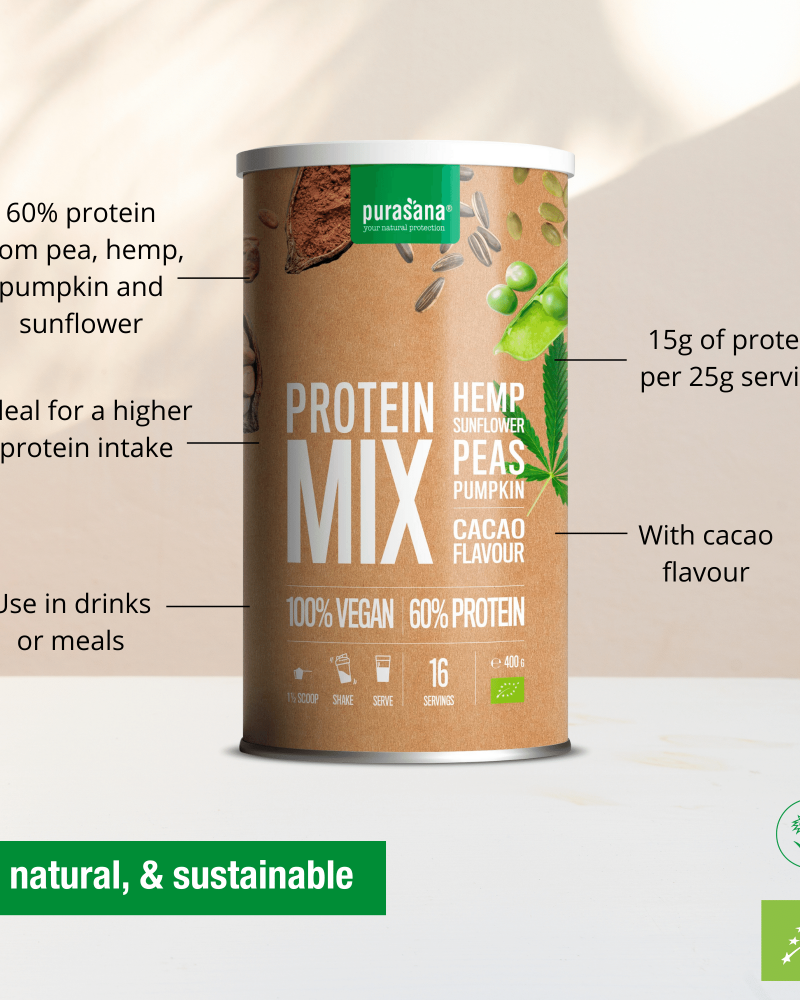 Purasana Vegan protein mix 58% pea/sunfl/hemp/cacao 400gr - Image 2