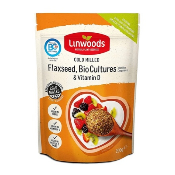 A combination of Linwoods award winning milled flaxseed with the sunshine vitamin: vitamin D and our unique strain of bio culture